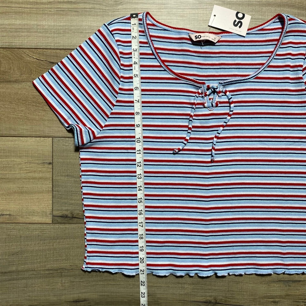 SO Good For Life Juniors Striped Lace-Up Tee Size 3X Blue White Red Green - Picture 6 of 9